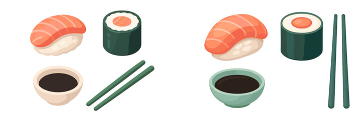 Exquisite Japanese cuisine featuring fresh salmon sushi, maki rolls, soy sauce, and green chopsticks, a traditional Asian meal © icon_art