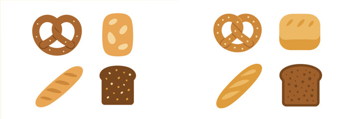 Collection of various baked goods featuring pretzels, baguettes, white bread, and dark rye bread slices in a flat graphic style