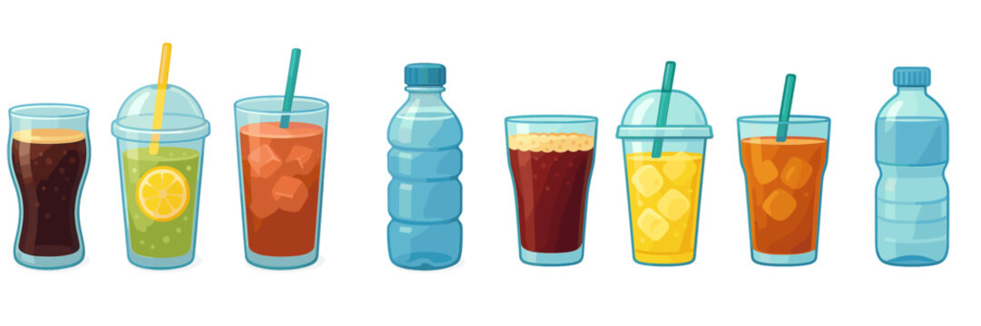 Collection of diverse refreshing beverages including soda, juice, iced tea, and water in different containers