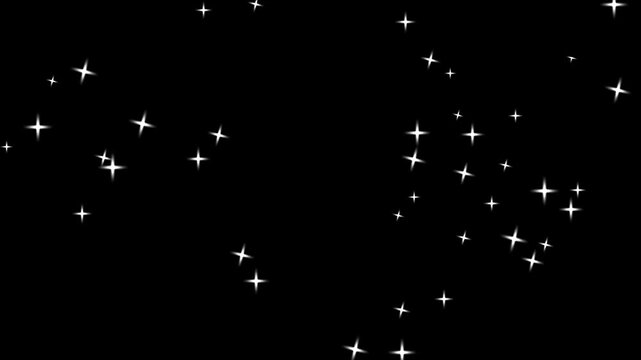 Twinkling glitter stars animation, fast line glitter motion, white cartoon blinking stars, flat vector doodle sparkle, glowing light trails, 2D shining twinkle effect on black screen background. 4k