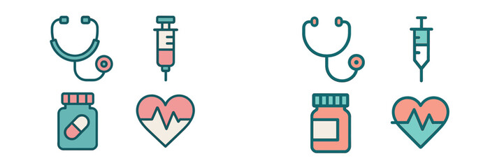 Essential healthcare and medical equipment items such as stethoscope, syringe, pill bottle, and heart with ECG line