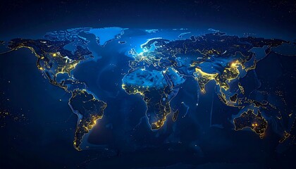 Digital depiction of planet Earth at night, highlighting city lights across continents on a dark blue background