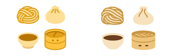 Collection of traditional Asian dim sum dishes including steamed dumplings, noodles, and bamboo steamer with dipping sauce