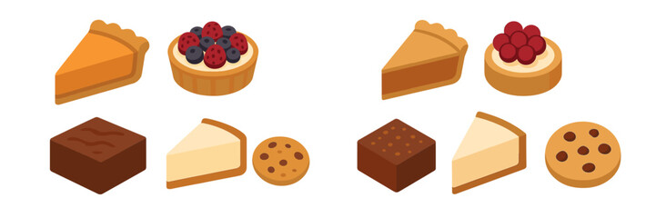 Isometric sweet dessert collection featuring pumpkin pie, berry tart, chocolate brownie, cheesecake, and chocolate chip cookie