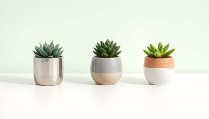 Fototapeta premium Three small succulent plants in matching pots, arranged in a row on a white surface against a mint green background.