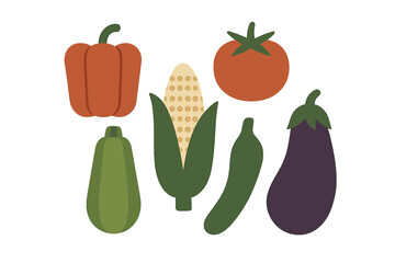 Colorful fresh organic garden vegetables including bell pepper zucchini corn tomato cucumber and eggplant