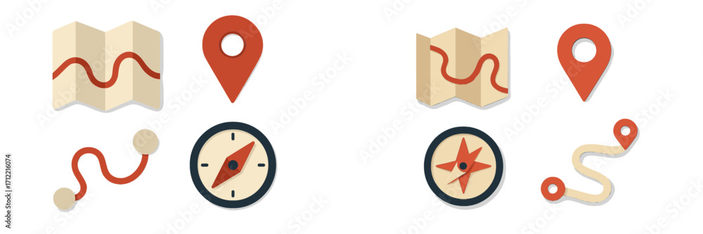 Poster navigation and travel elements with maps, location pins, compasses, and winding paths for route plan