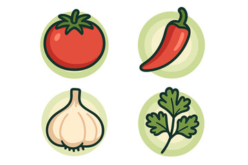 Vibrant collection of fresh tomato, red chili pepper, garlic bulb, and green cilantro leaves for healthy cooking ingredients