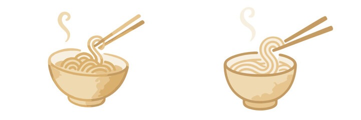 Steaming hot noodles in traditional bowls with chopsticks, ready to eat, representing Asian cuisine and comfort food