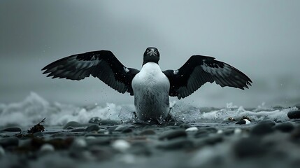 Bird with spread wings landing on rocky beach area