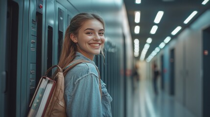 Smiling student with books, ready for class.