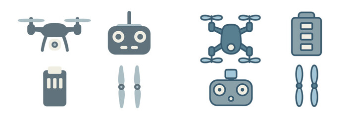 Collection of modern drone technology elements including quadcopters, remote controls, and power sources