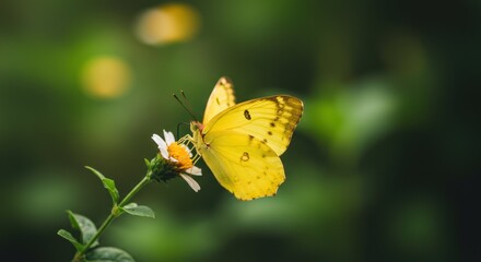 Yellow butterfly rests on a flower against a blurred green background
