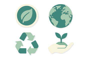 Environmental sustainability concept featuring an earth globe, green leaf, recycling symbol, and a plant sprout in hand