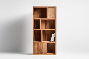 Tall wooden bookshelf with multiple open compartments and two closed sections, featuring natural wood finish and two white books leaning inside, creating calm and organized atmosphere