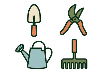 Essential gardening tools set featuring a shovel, pruning shears, watering can, and hand rake for outdoor work