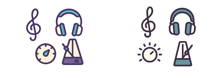 Music production and audio listening icons set featuring headphones, metronome, treble clef, and tempo dial symbols for sound design