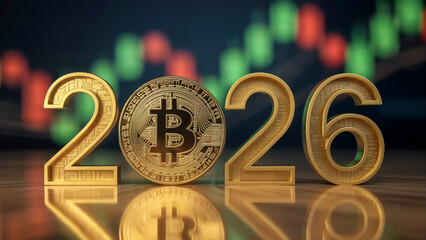 Bitcoin 2026 Gold Concept – Cryptocurrency Coin Embedded in 3D Numbers with Stock Market Chart and Investment Finance Theme