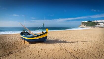 Obraz premium traditional wooden boat on the beach at nazare portugal
