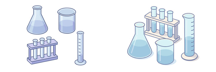 Scientific laboratory glassware set with flasks beakers test tubes and measuring cylinders for experiments