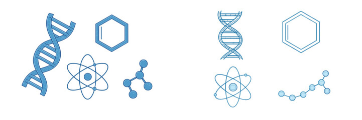 Comprehensive scientific symbols set featuring DNA double helix, atomic structure, benzene ring, and various molecular bonds