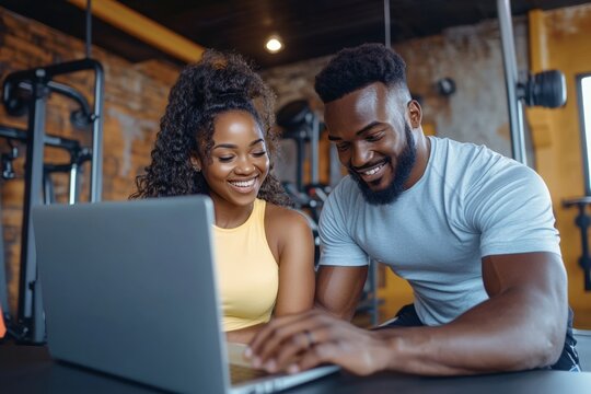 Two fit young people in a gym, with the man operating a laptop that shows their workout data while the woman smiles, suggesting they are discussing their performance and setting new goals.