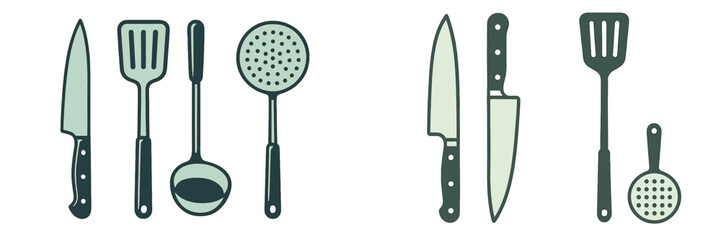 Stylized set of common kitchen utensils including sharp knives, slotted spatulas, a ladle, and a skimmer for culinary tasks