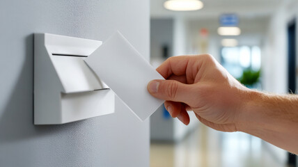Government employee submitting confidential feedback envelope in dropbox within secure office environment. Survey research answer checklist