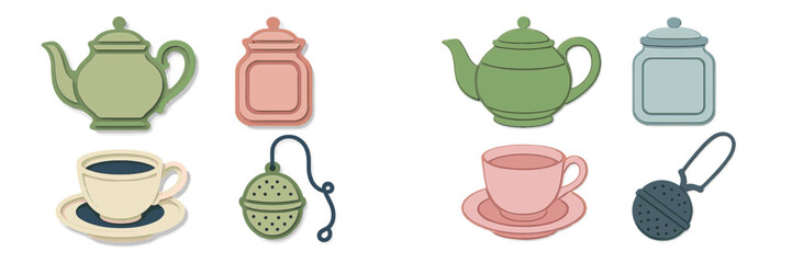 Beautiful assortment of pastel colored tea time essentials and kitchenware in a modern layered paper cut style