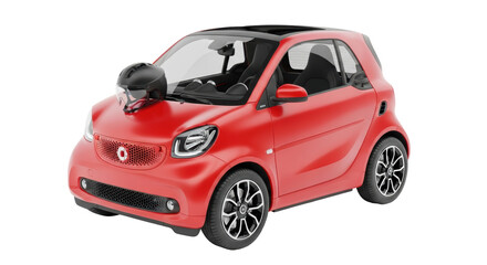 Isolated red compact car with a helmet on the hood, modern city transport for commuters