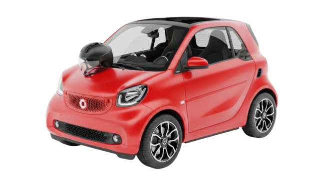 Isolated red compact car with a helmet on the hood, modern city transport for commuters