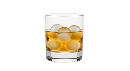 Isolated amber liquor in crystal glass with ice balls, beverage for social hour or celebration