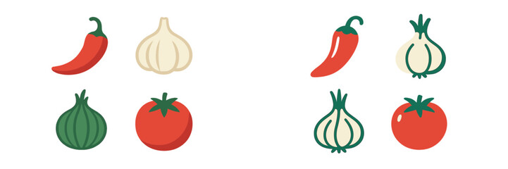 Vibrant collection of fresh chili peppers, garlic, onions, and tomatoes presented in two distinct graphic styles