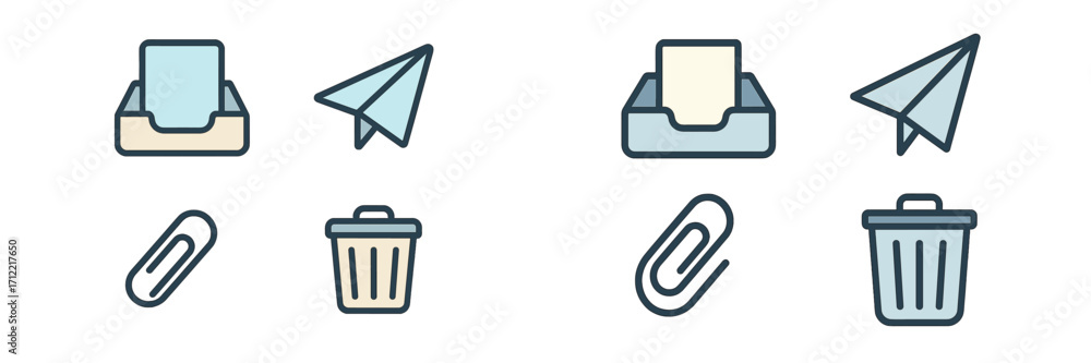 Poster modern digital communication and office management interface icons for inbox, send, attachment, and 