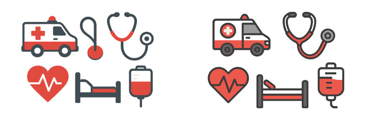 Collection of essential medical and healthcare equipment featuring ambulance, stethoscope, hospital bed, heart, and IV bag