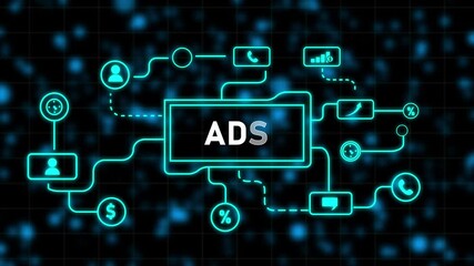 Digital network diagram with the word ADS in the center and various icons connected by lines technology - Powered by Adobe
