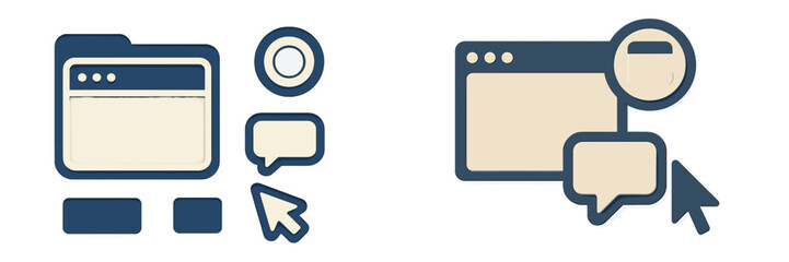 Modern user interface design elements for web and mobile applications including browser window, folder, chat, and cursor icons