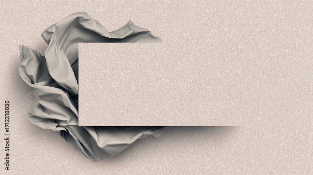 Poster elevated minimalism: an elegant composition featuring crumpled fabric embracing a blank, rectangular