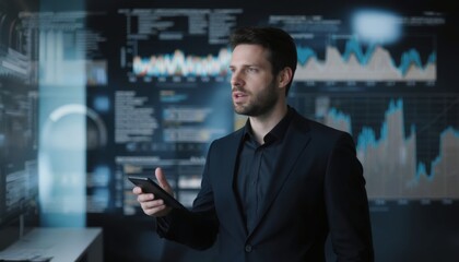 Professional man analyzing data on a mobile device in a high-tech environment.