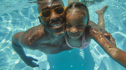 Underwater portrait of father and daughter swimming in a pool on vacation. An African American parent teaching a young child to swim in clear blue water