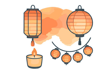 Assortment of decorative traditional Asian lanterns and a burning candle with a soft orange watercolor background element