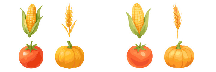 Vibrant autumn harvest collection featuring fresh corn, golden wheat, ripe red tomatoes, and orange pumpkins