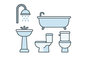 Comprehensive collection of essential bathroom plumbing fixtures including shower, bathtub, sink, and two different toilet designs
