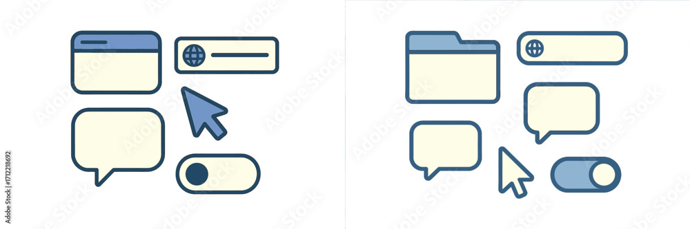 Poster modern user interface design elements featuring web browser window, chat bubble, mouse cursor, and t