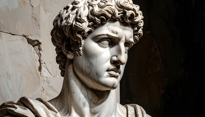 Close-up marble bust, light highlighting sculpted features