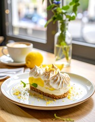 Lemon meringue tart on a plate with coffee