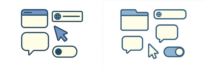 Modern user interface design elements featuring web browser window, chat bubble, mouse cursor, and toggle switch for digital applications