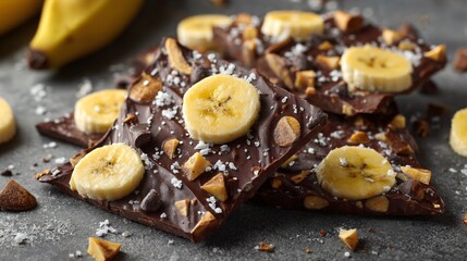 Banana chocolate bark with banana chips, textured stone surface, scattered banana slices, overhead shot, copy space on top