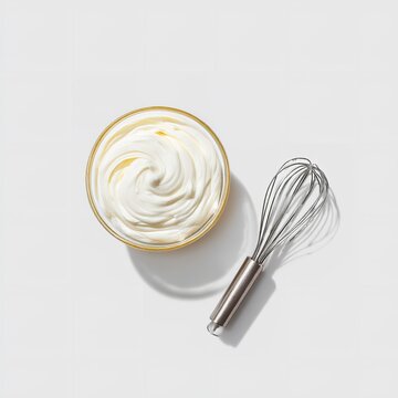 Whipped cream in bowl with whisk for baking dessert recipe and food photography on white background