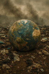 Earth globe in landfill with smoke and waste pollution
